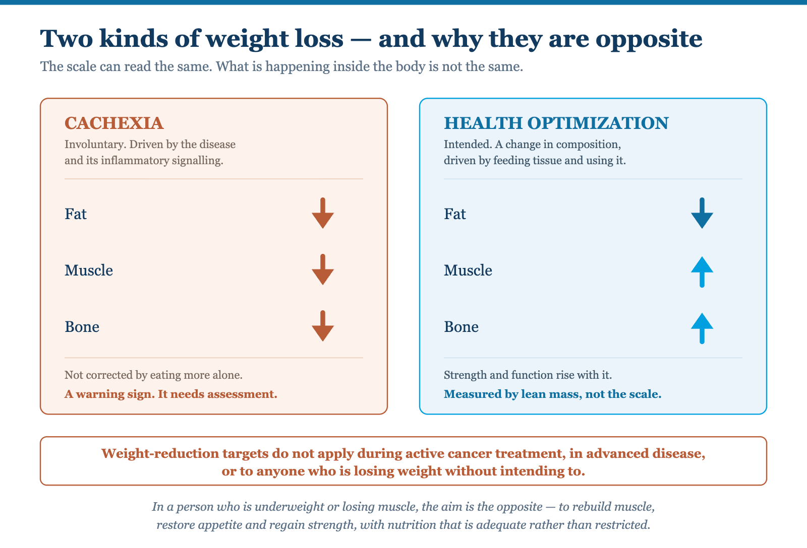 Diagram contrasting cachexia, in which fat, muscle and bone are all lost involuntarily, with health optimization, in which fat falls while muscle and bone increase