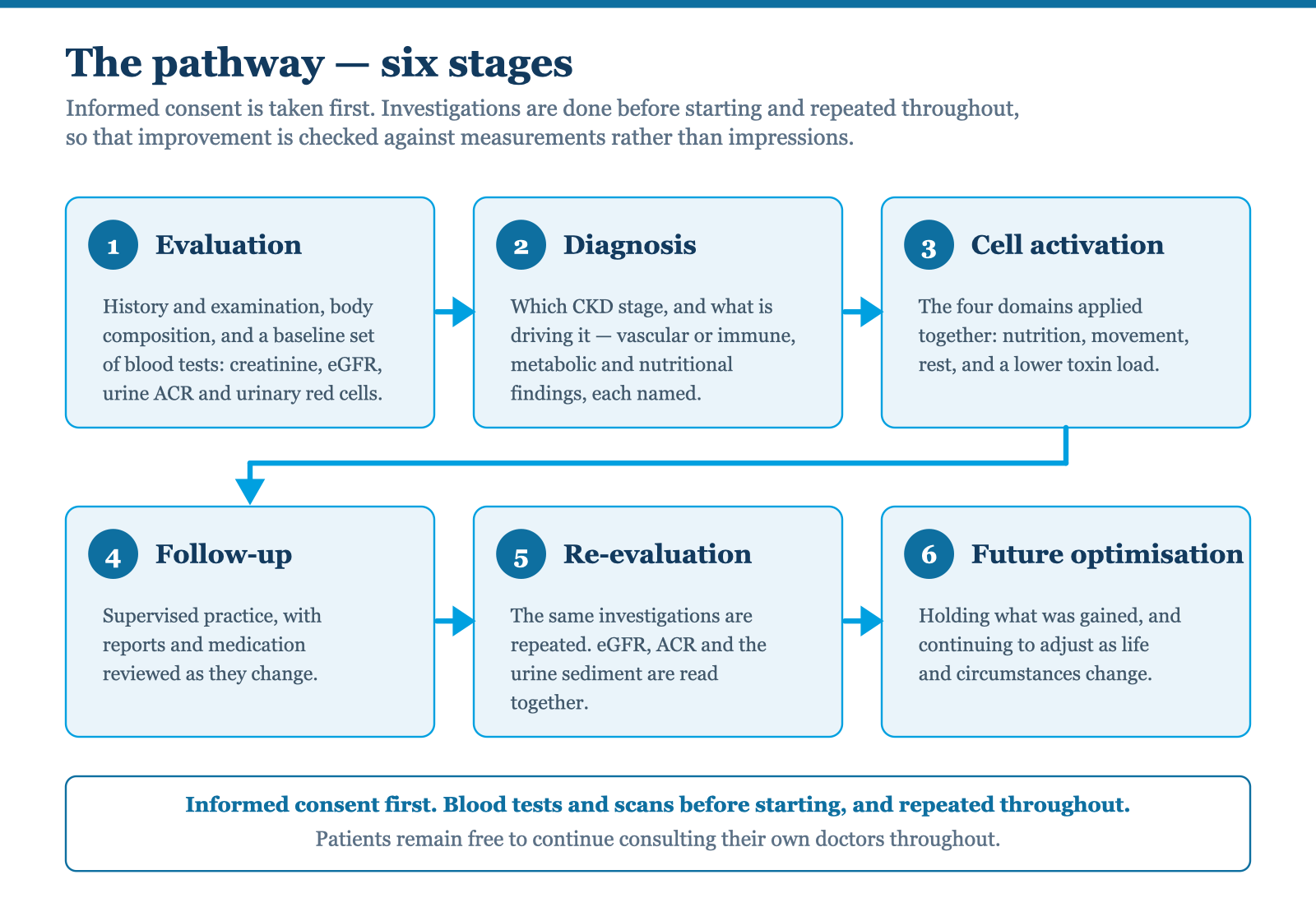 The six-stage pathway: assessment and investigations; a plan built from the findings; the 90-day active phase with regular measurement; medication reduced on repeat testing; nutritional support tapered; maintenance with periodic review.