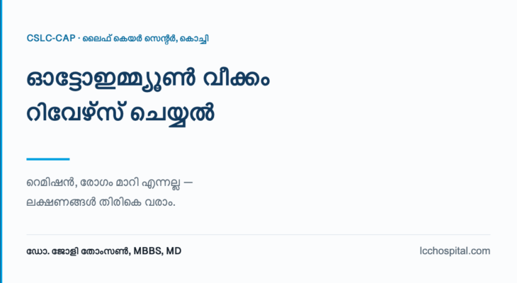 ഷെയർ കാർഡ്: ഓട്ടോഇമ്മ്യൂൺ വീക്കം റിവേഴ്സ് ചെയ്യൽ — റെമിഷൻ, രോഗം മാറി എന്നല്ല. CSLC-CAP, ലൈഫ് കെയർ സെന്റർ, കൊച്ചി.