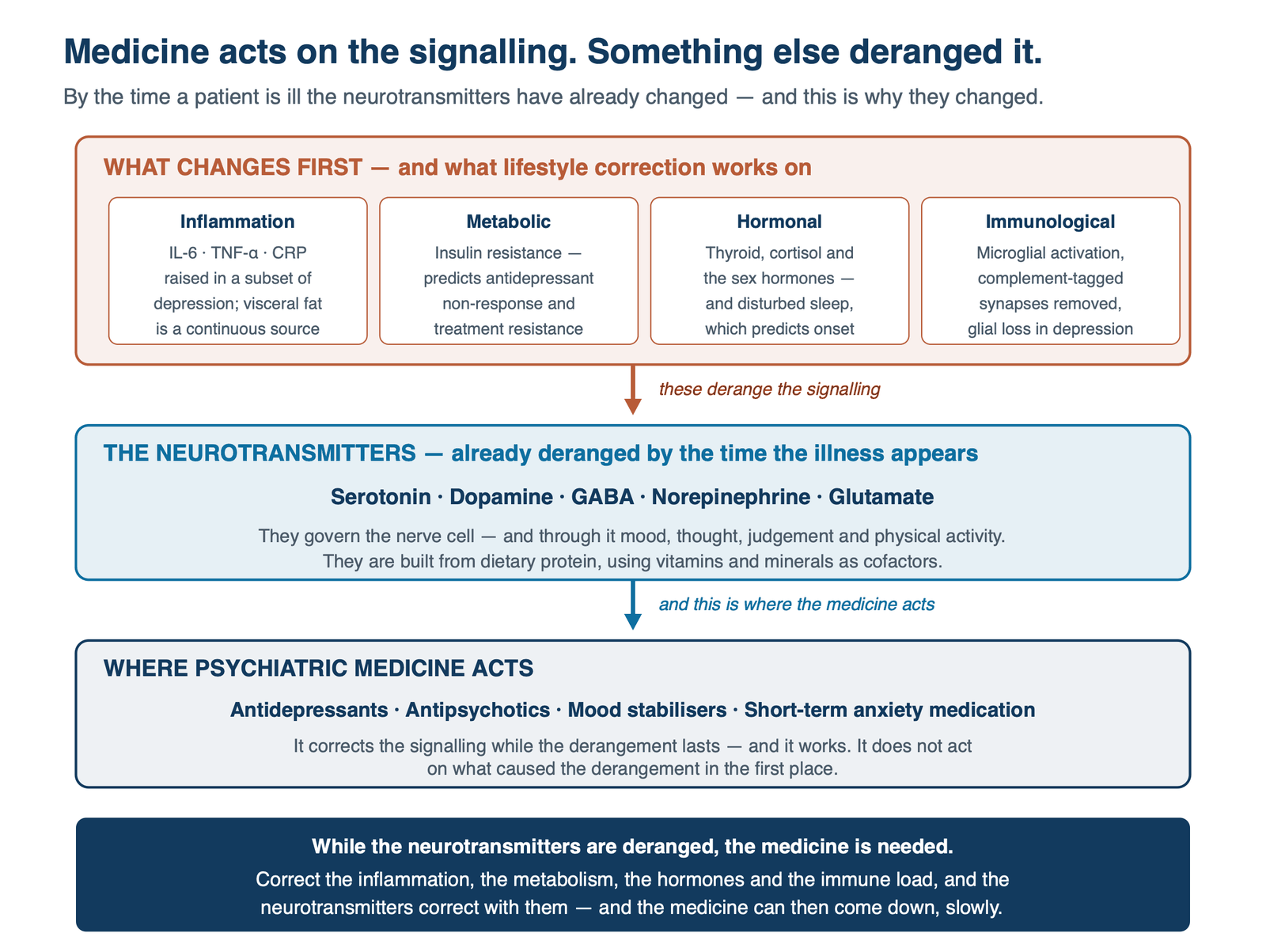 Causal chain: inflammation, metabolic, hormonal and immunological change derange the neurotransmitters, which is where psychiatric medicine acts.